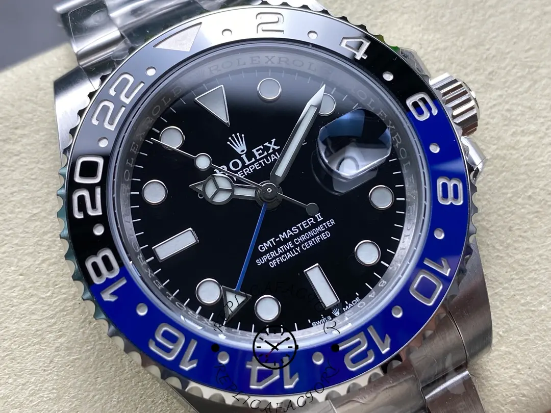 Rolex GMT-Master II 126710BLNR 0003 bezel close-up, blue-black 24-hour bezel numerals detail.