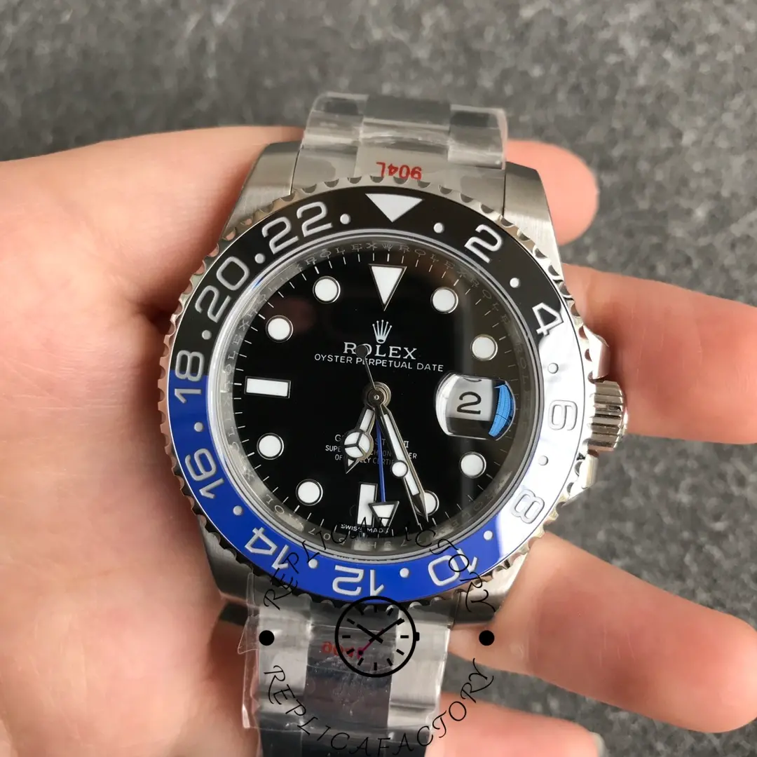 Rolex GMT-Master II Batman 116710BLNR on wrist, black dial and blue-black bezel.