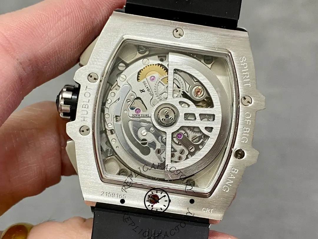 Caseback view of Hublot 642.NX.0170.RX showing the exhibition window and rotor through the tonneau back.