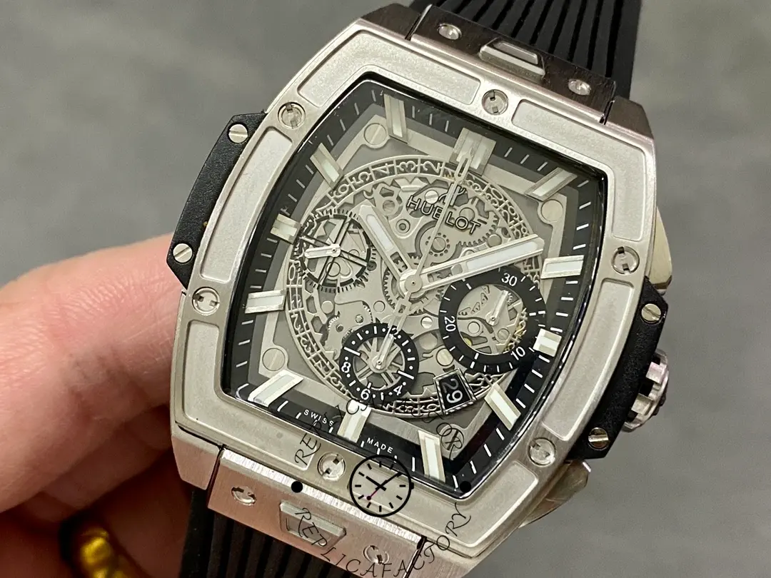Angled handheld view of Hublot Spirit of Big Bang 642.NX.0170.RX showing bezel edge and dial depth.