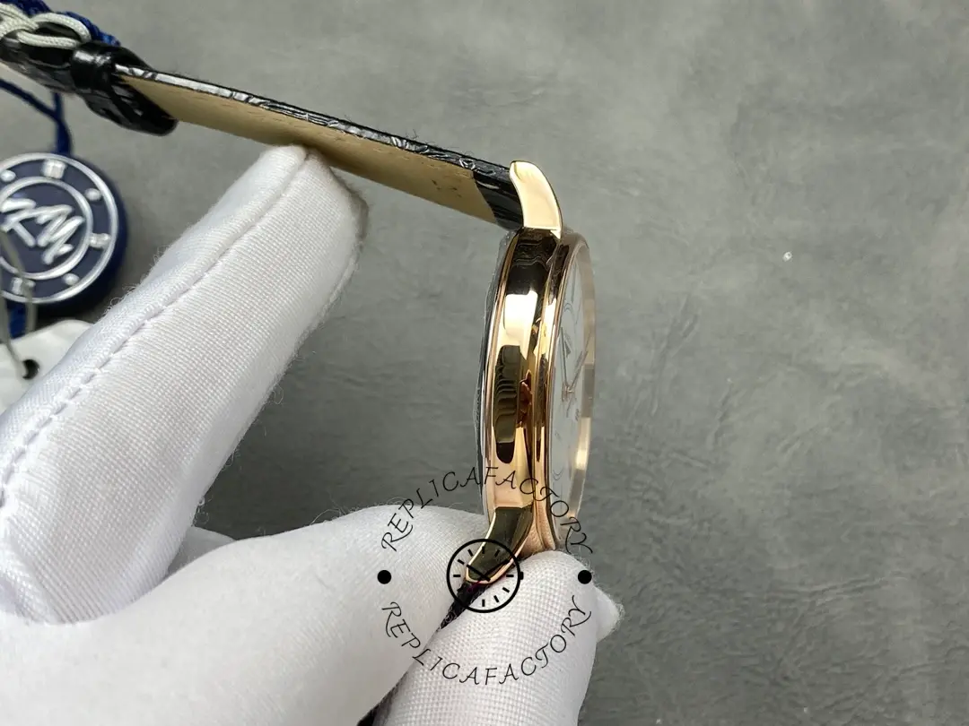 Side profile of the Longines L4.787.8.11.4, showing the slim rose-gold case and lugs.