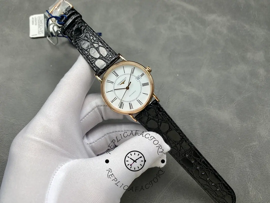 Full view of the Longines L4.787.8.11.4 on black leather strap, rose-gold case and white dial.