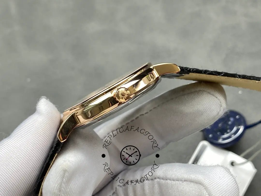 Crown-side profile of the Longines L4.787.8.11.4, showing the rose-gold crown and case.