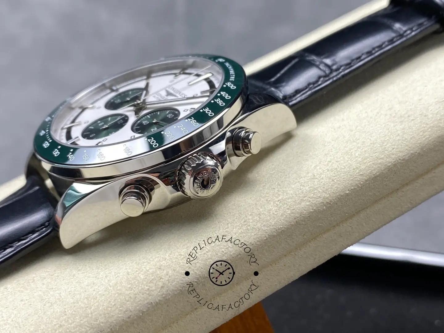 Longines Conquest Chronograph L3.835.4.02.6, side view showing crown, pushers, and polished case.