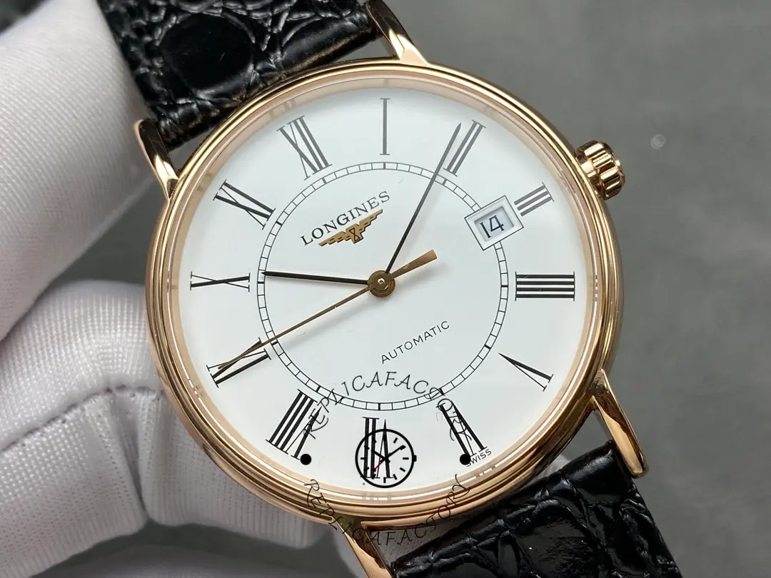 Close-up of the Longines L4.787.8.11.4 dial, rose-gold hands, Roman numerals, and date at 3.