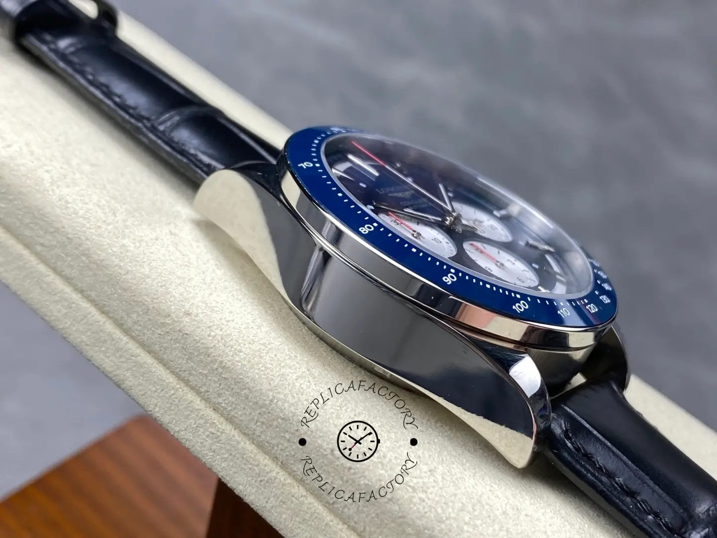 Side profile of Longines Conquest L3.835.4.91.2 showing polished steel case and curved sapphire crystal.