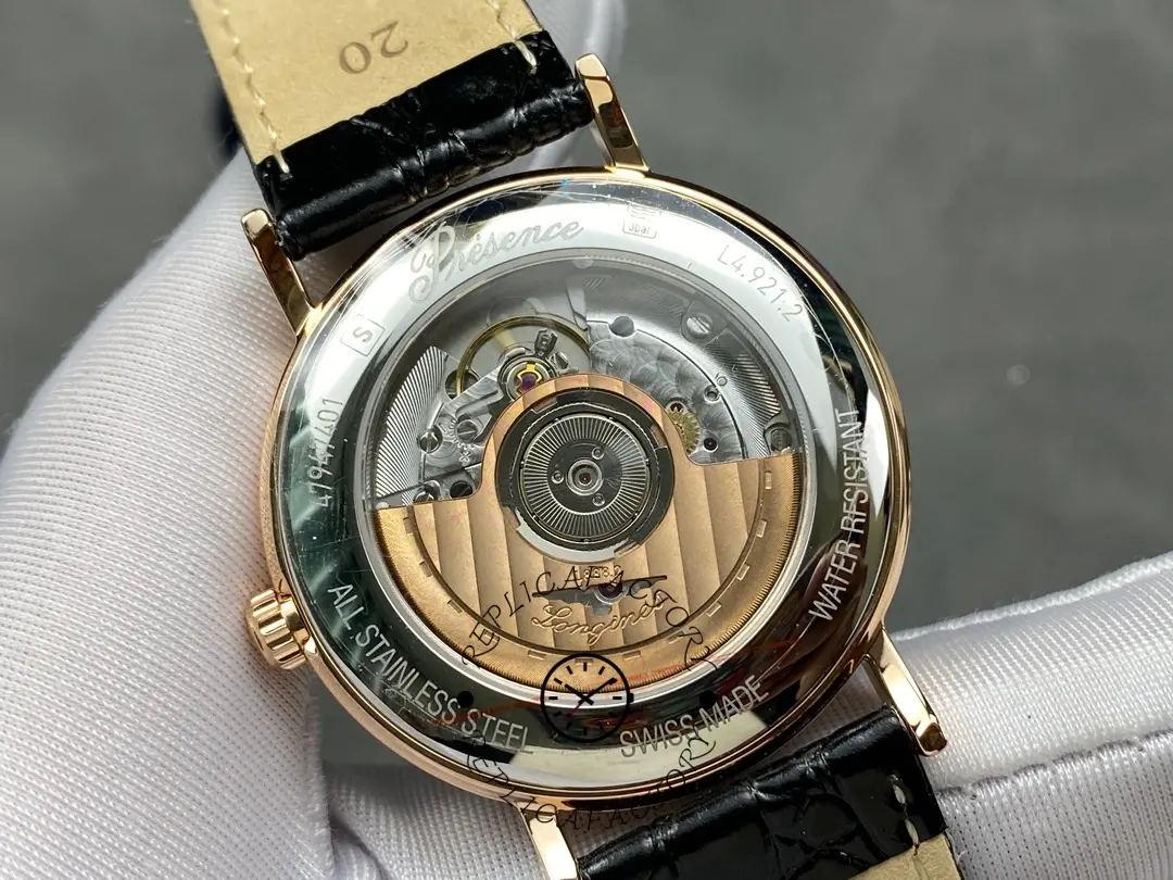Exhibition caseback of the Longines L4.787.8.11.4, showing the automatic movement and rotor.
