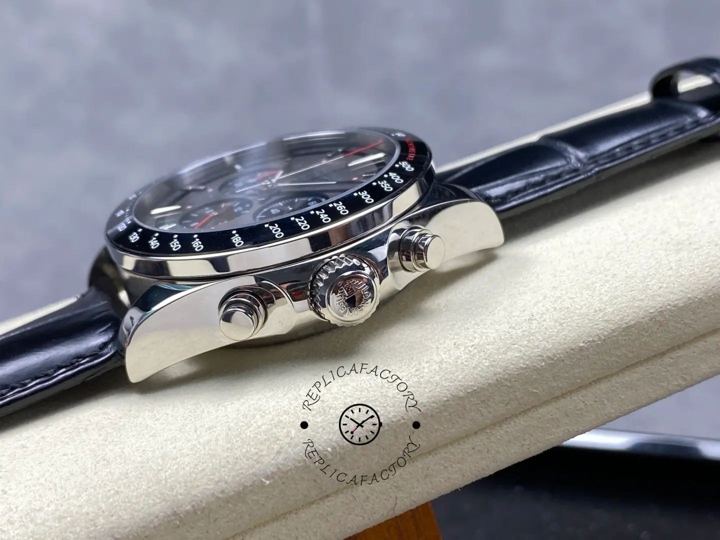 Longines Conquest L3.836.4.52.9 side view showing engraved crown and pushers.