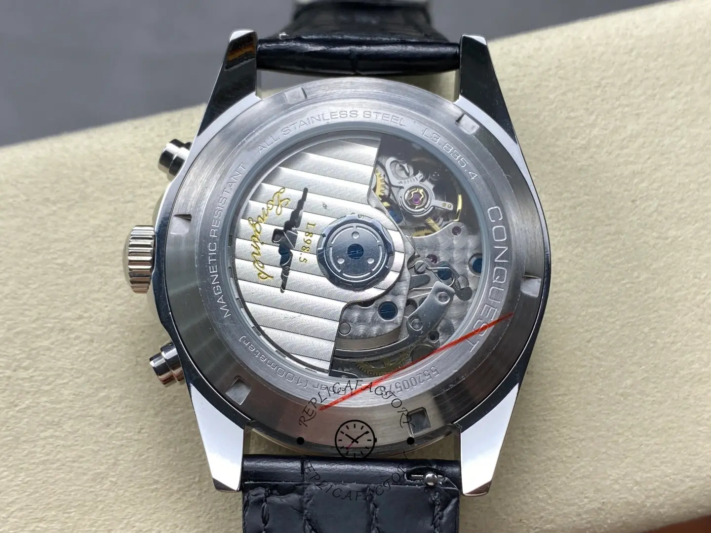 Caseback view of the Longines Conquest L3.835.4.92.6 showing automatic movement.