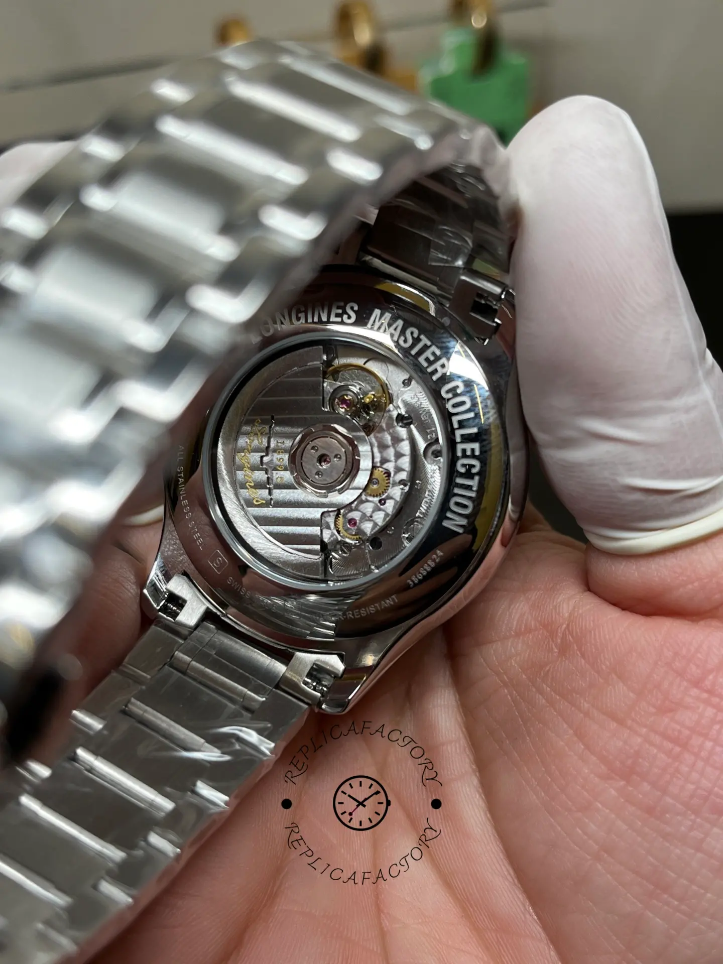 Longines Master Collection L2.919.4.51.6, exhibition caseback showing rotor and movement details.