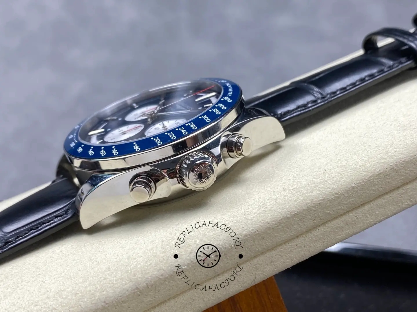 Side view of Longines Conquest L3.835.4.91.2 showing crown and chronograph pushers.