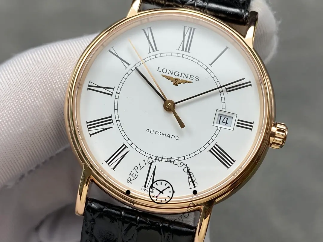 Angled dial view of the Longines L4.787.8.11.4, white Roman dial and date display.