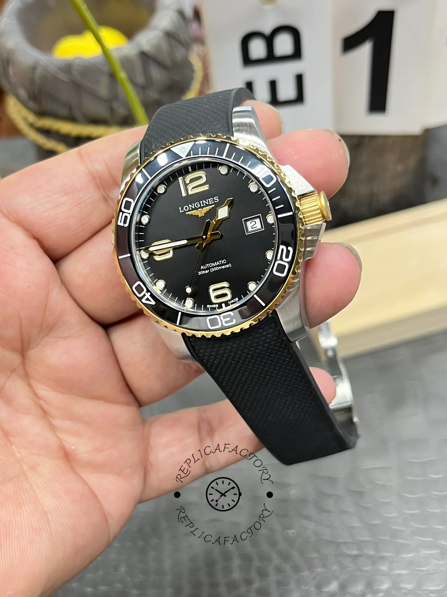 Angled front view of Longines HydroConquest L3.781.3.56.9, showing date window at 3 o’clock.