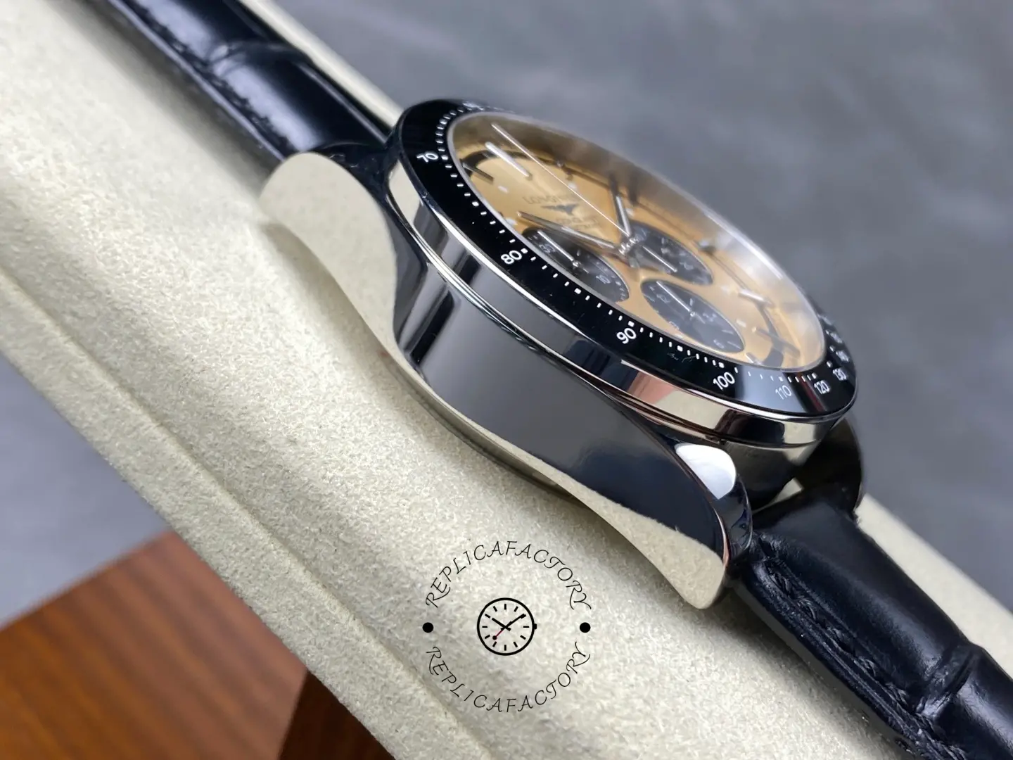 Longines L3.835.4.32.9 case profile showing polished side and tachymeter bezel.