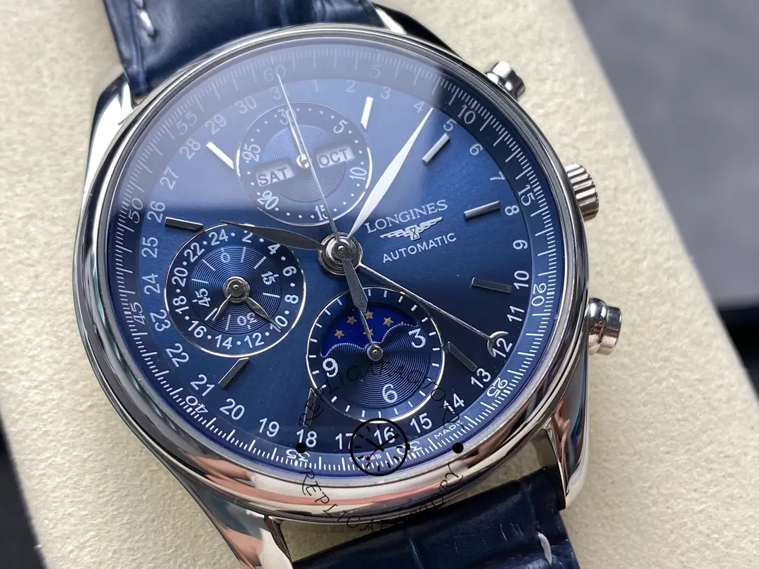 Angled dial view of Longines Master Collection L2.673.4.92.0 highlighting the blue finish.