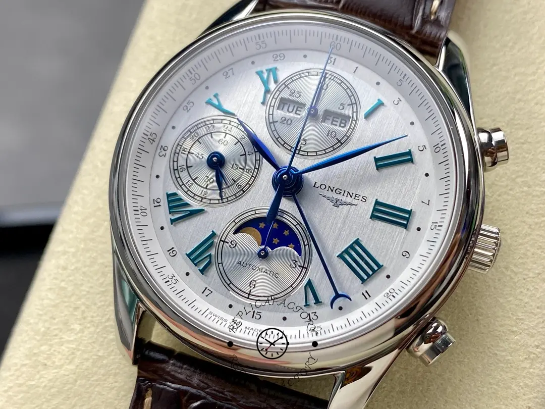 Longines L2.673.4.78.3 angled dial view highlighting subdials and moonphase window.