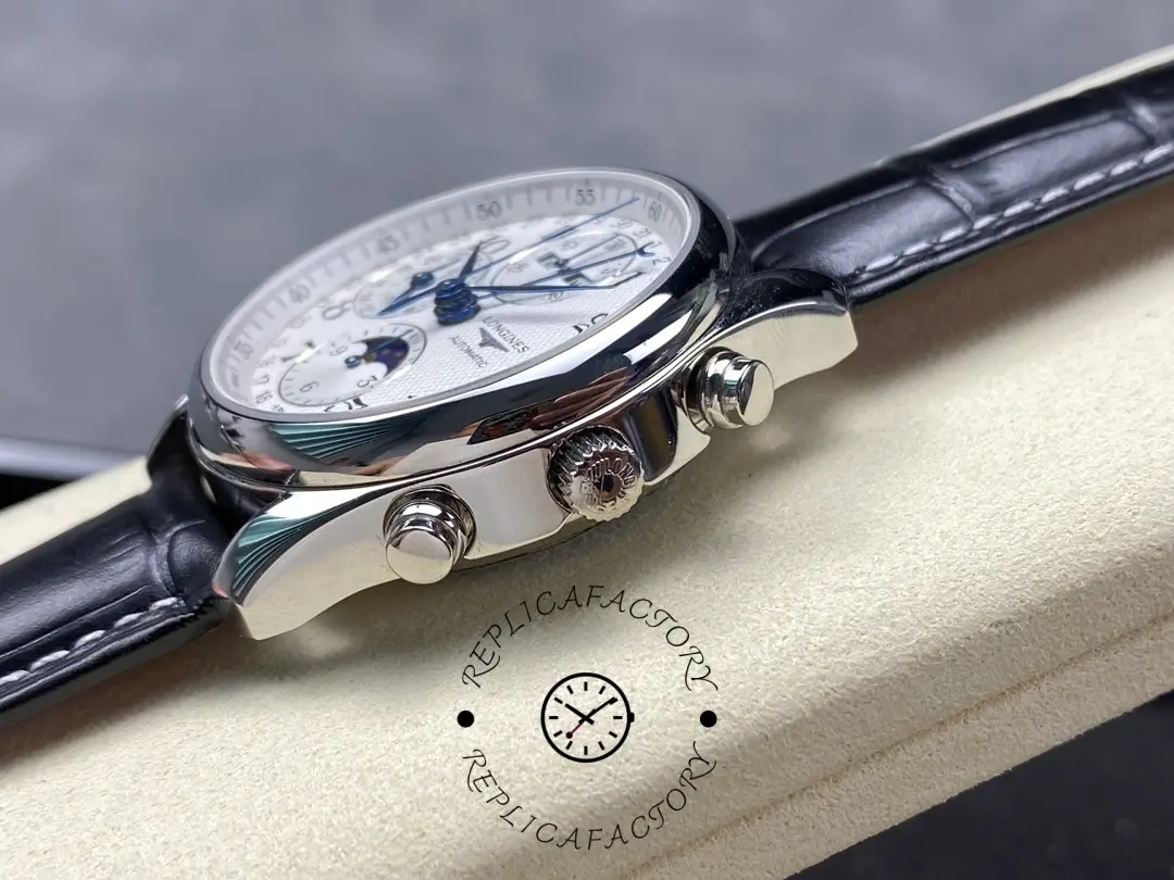 Side view of Longines L2.673.4.78.3 showing the crown and chronograph pushers on a black leather strap.