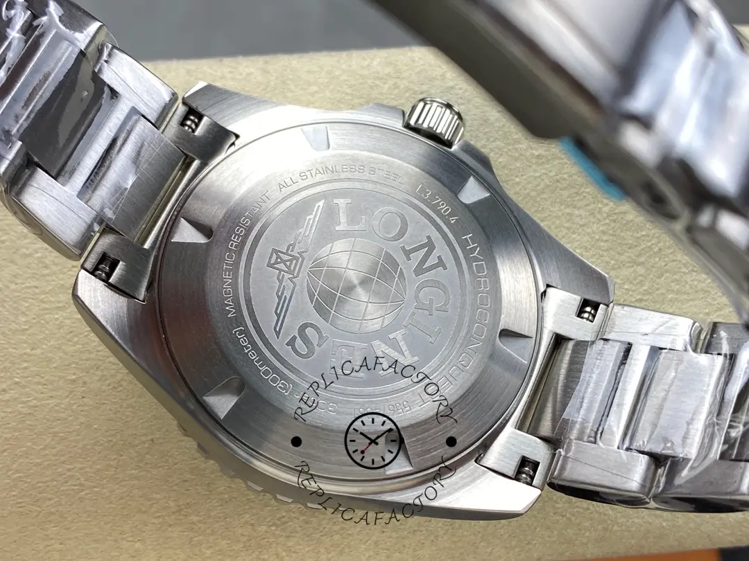 Caseback of Longines HydroConquest GMT L3.790.4.96.6, engraved logo and stainless steel back.