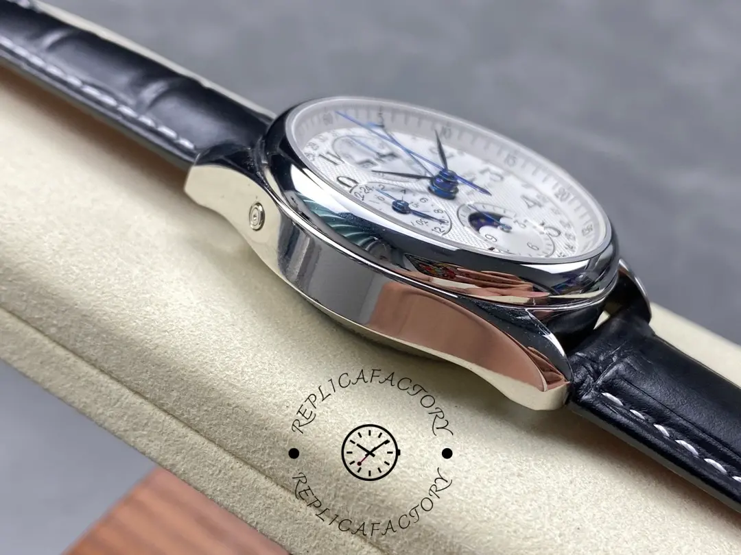 Case profile of Longines L2.673.4.78.3 showing polished lugs and curved case on black leather strap.