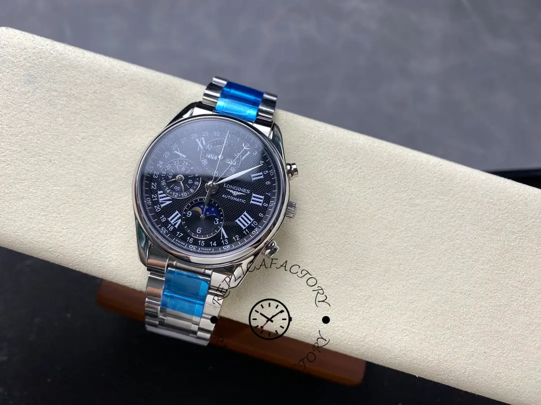 Full front view of Longines Master Collection L2.673.4.51.6 with complete chronograph and moonphase dial.