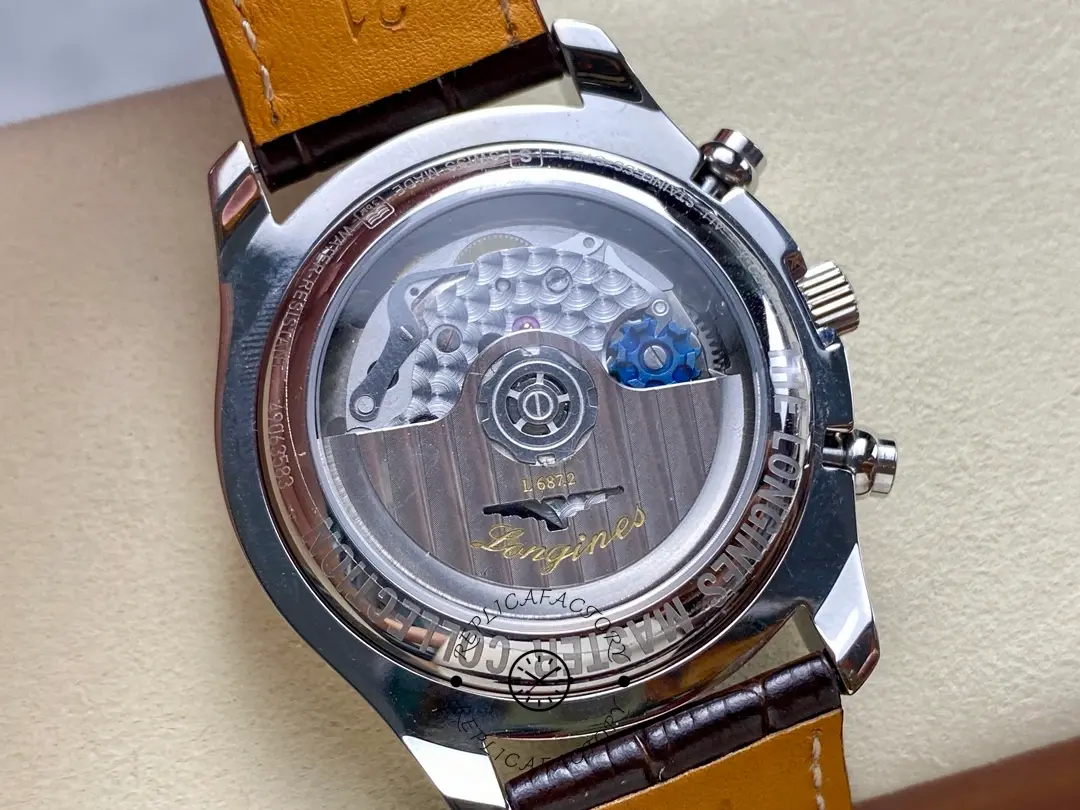 Longines L2.673.4.78.3 exhibition caseback showing rotor and movement details through sapphire-style window.