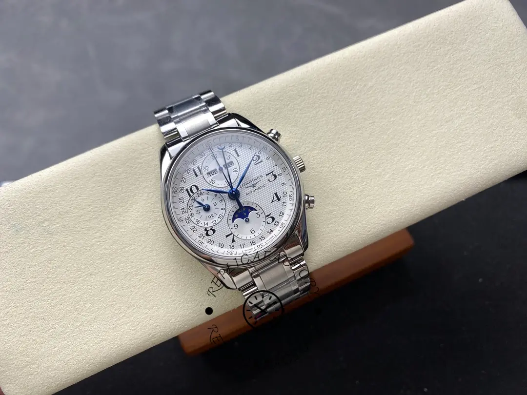 Angled front view of Longines Master Collection L2.673.4.78.6, white dial with moonphase and calendar.