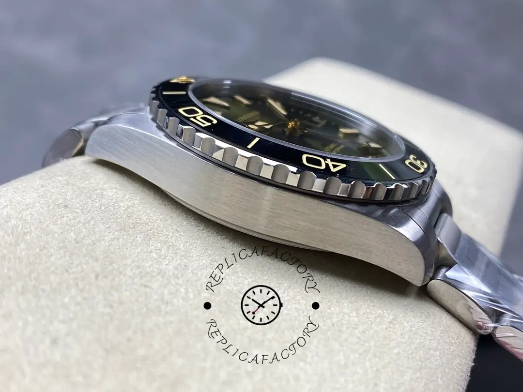 Side profile of Longines HydroConquest GMT L3.790.4.06.6 showing brushed steel case and bezel edge.