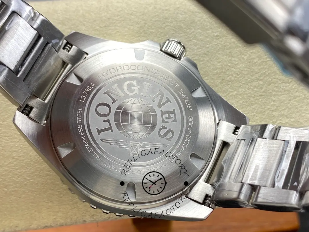 Caseback of Longines HydroConquest GMT L3.790.4.56.6 showing engraved HydroConquest globe logo.