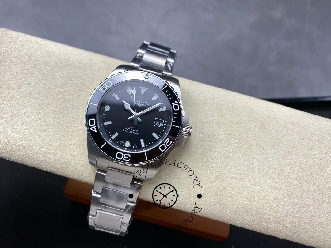 Full watch view of Longines HydroConquest GMT L3.790.4.56.6 on steel bracelet, black dial and bezel.