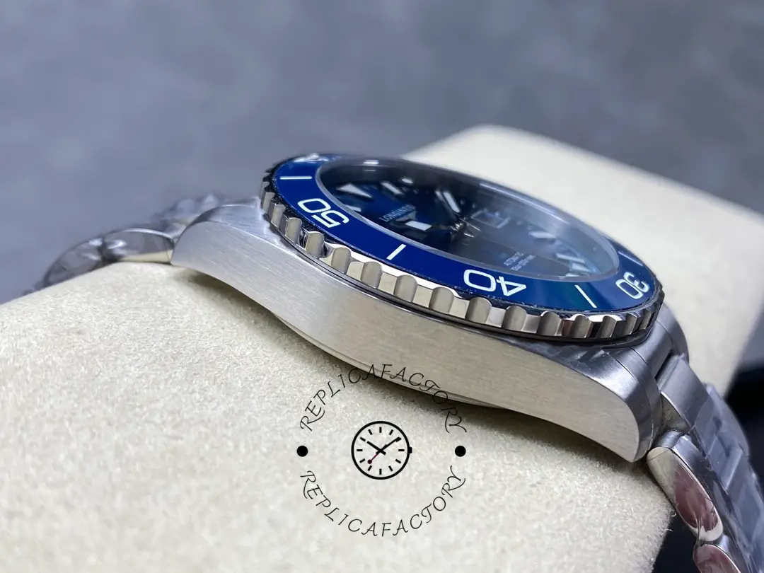 Side profile of Longines HydroConquest GMT L3.790.4.96.6, brushed case and blue bezel edge.