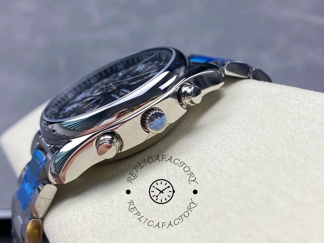 Side view of Longines Master Collection L2.673.4.51.6 showing the crown and pushers.