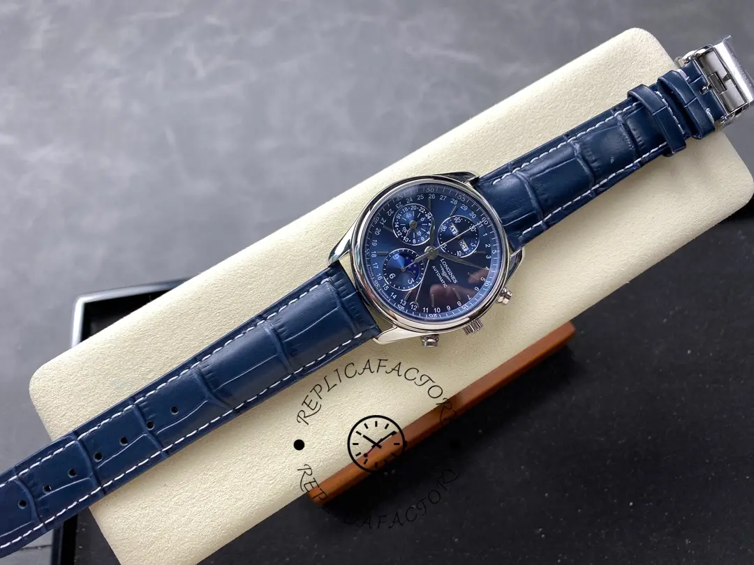 Longines Master Collection L2.673.4.92.0, full watch view with blue dial and blue leather strap.