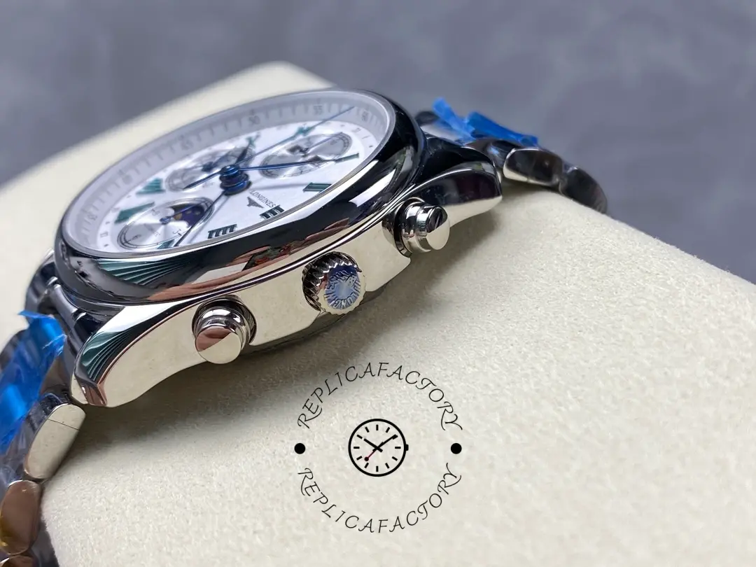 Side profile of Longines L2.773.4.71.6 showing case curvature and pusher details.