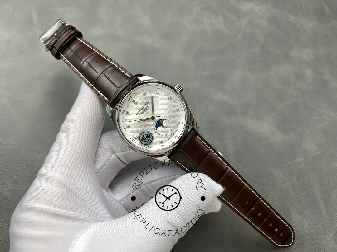 Full view of Longines L2.909.4.77.3 Moonphase, silver dial, brown alligator strap.