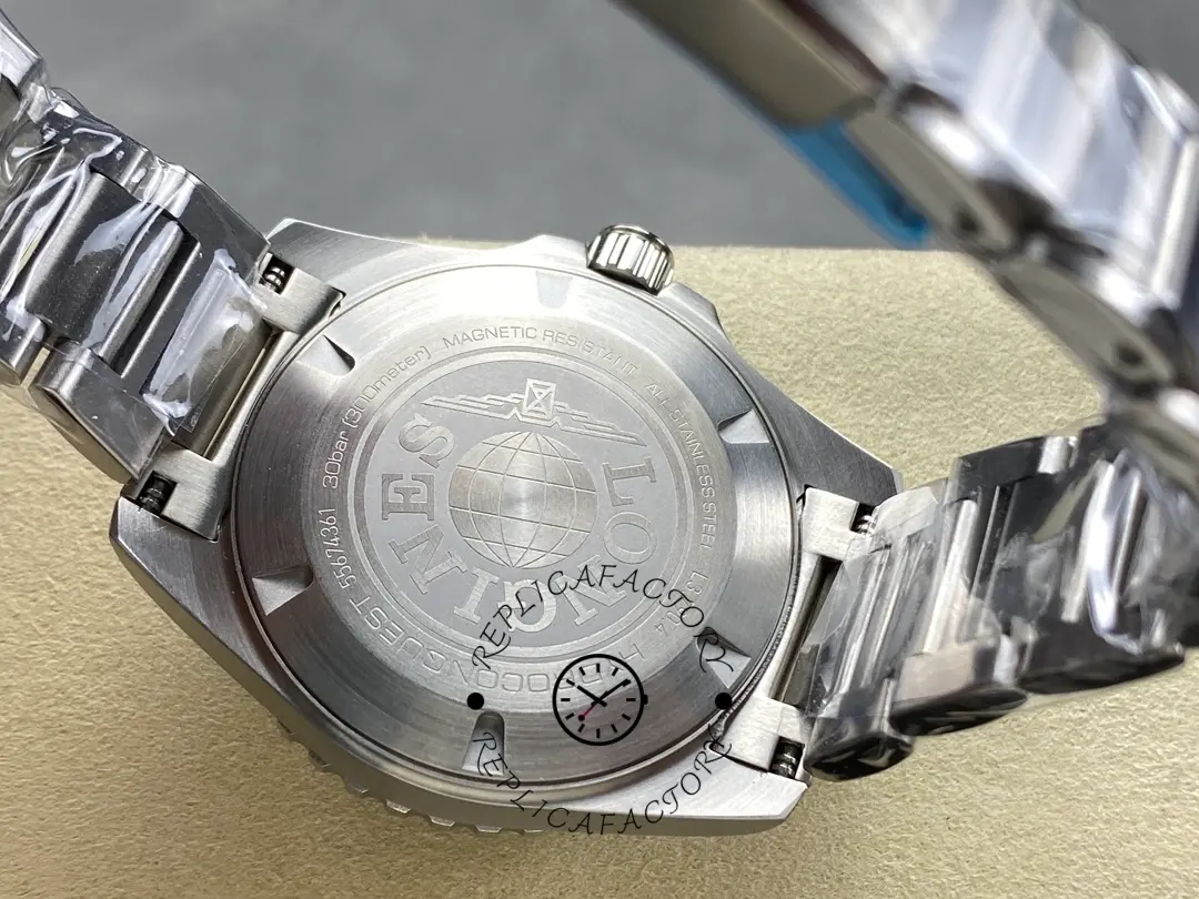 Caseback of Longines HydroConquest GMT L3.790.4.06.6 with engraved Longines globe emblem.