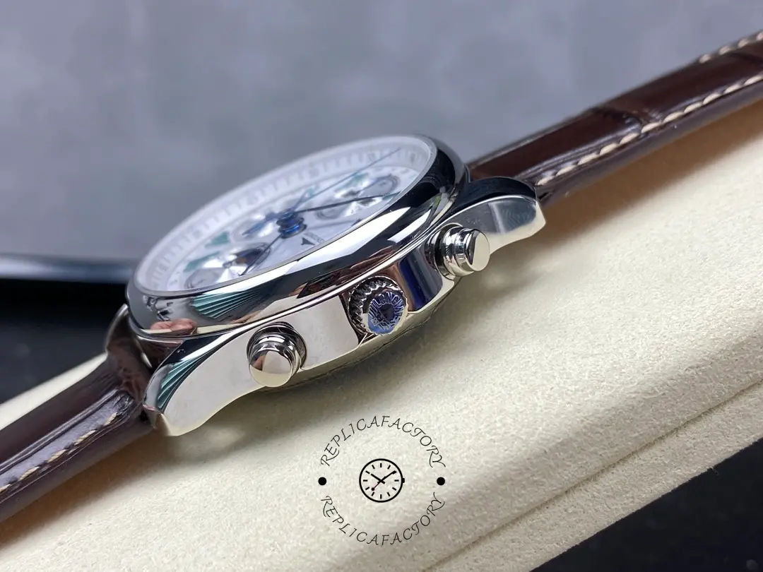 Longines L2.673.4.78.3 crown and pushers side view, polished case with chronograph buttons.