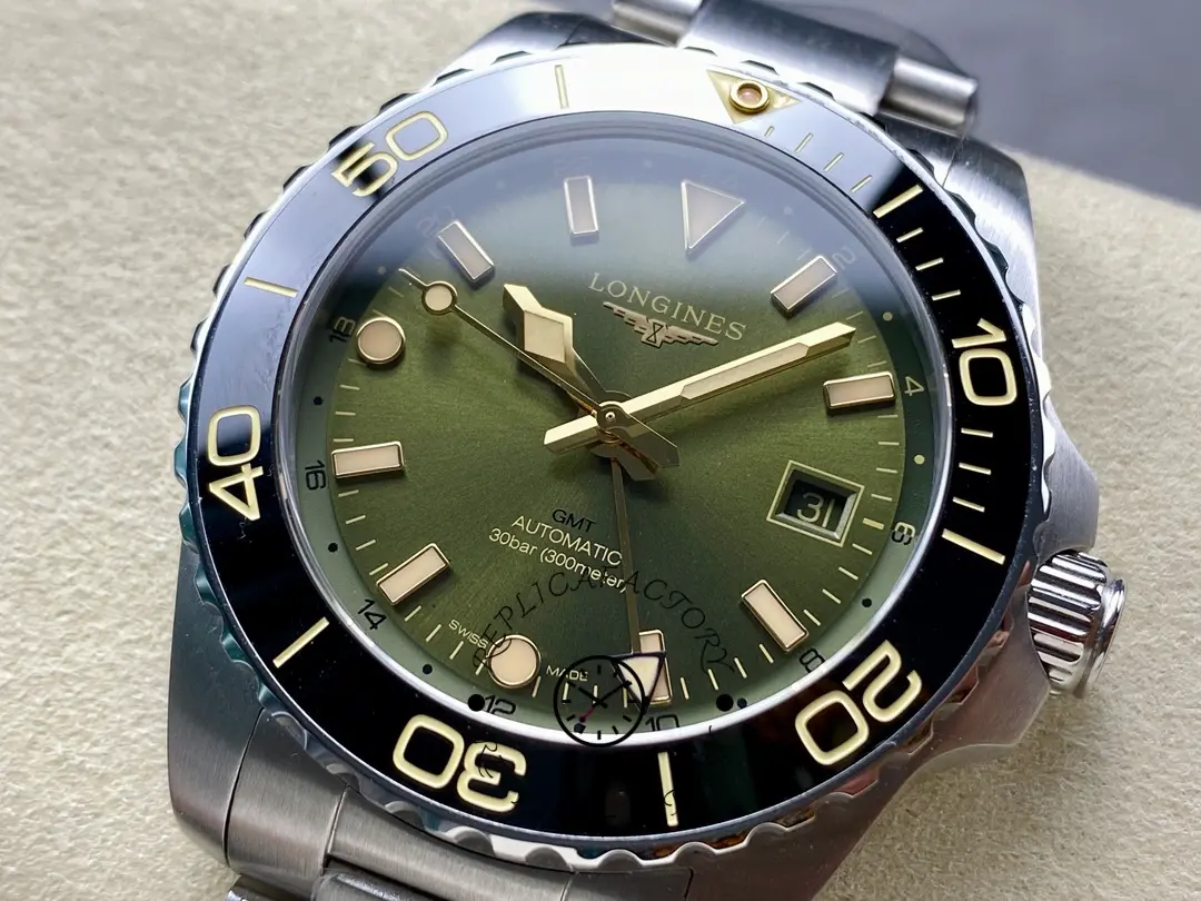 Detailed shot of Longines HydroConquest GMT L3.790.4.06.6 dial showing GMT hand and gold markers.