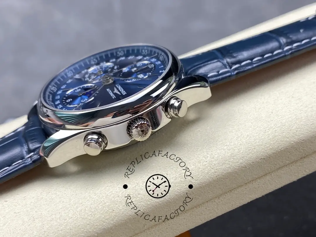 Side view of Longines Master Collection L2.673.4.92.0 showing crown and chronograph pushers.