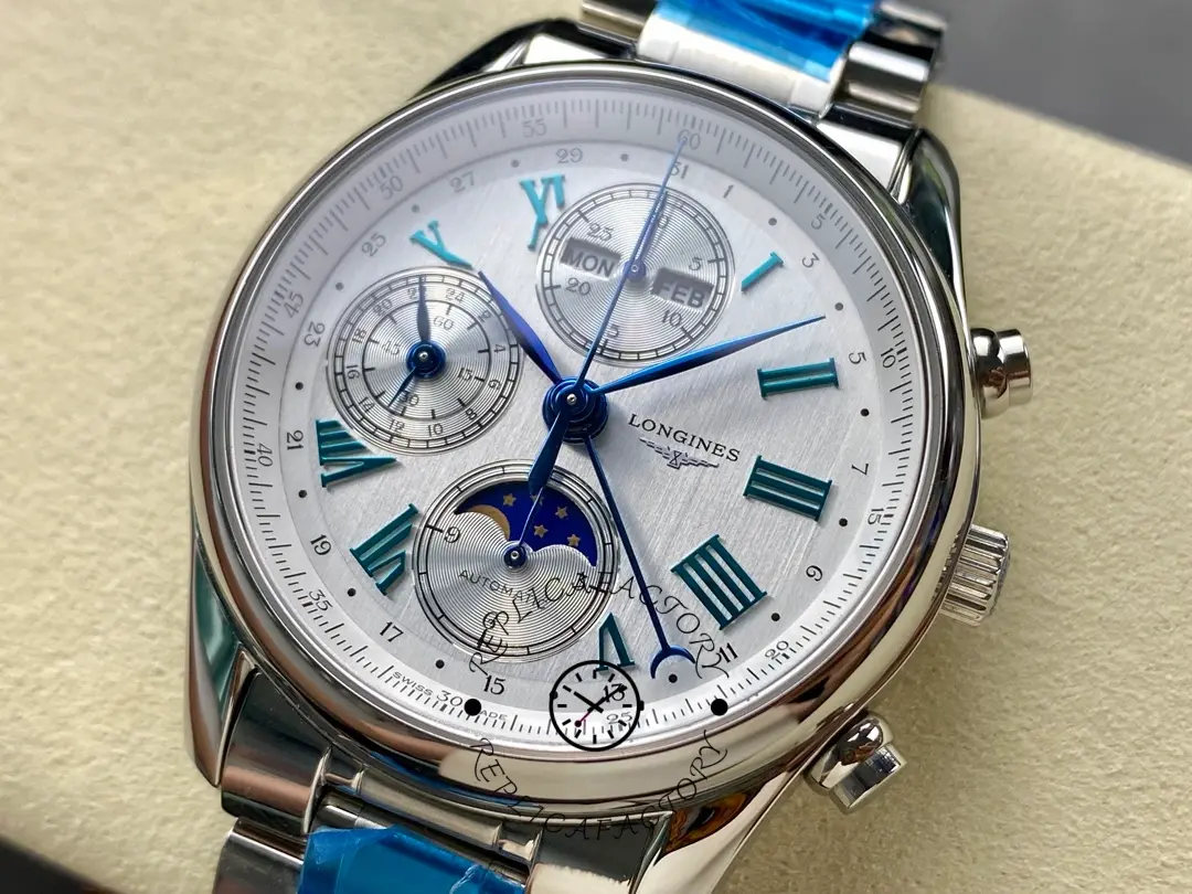 Close-up of Longines L2.773.4.71.6 dial with moonphase and chronograph subdials.
