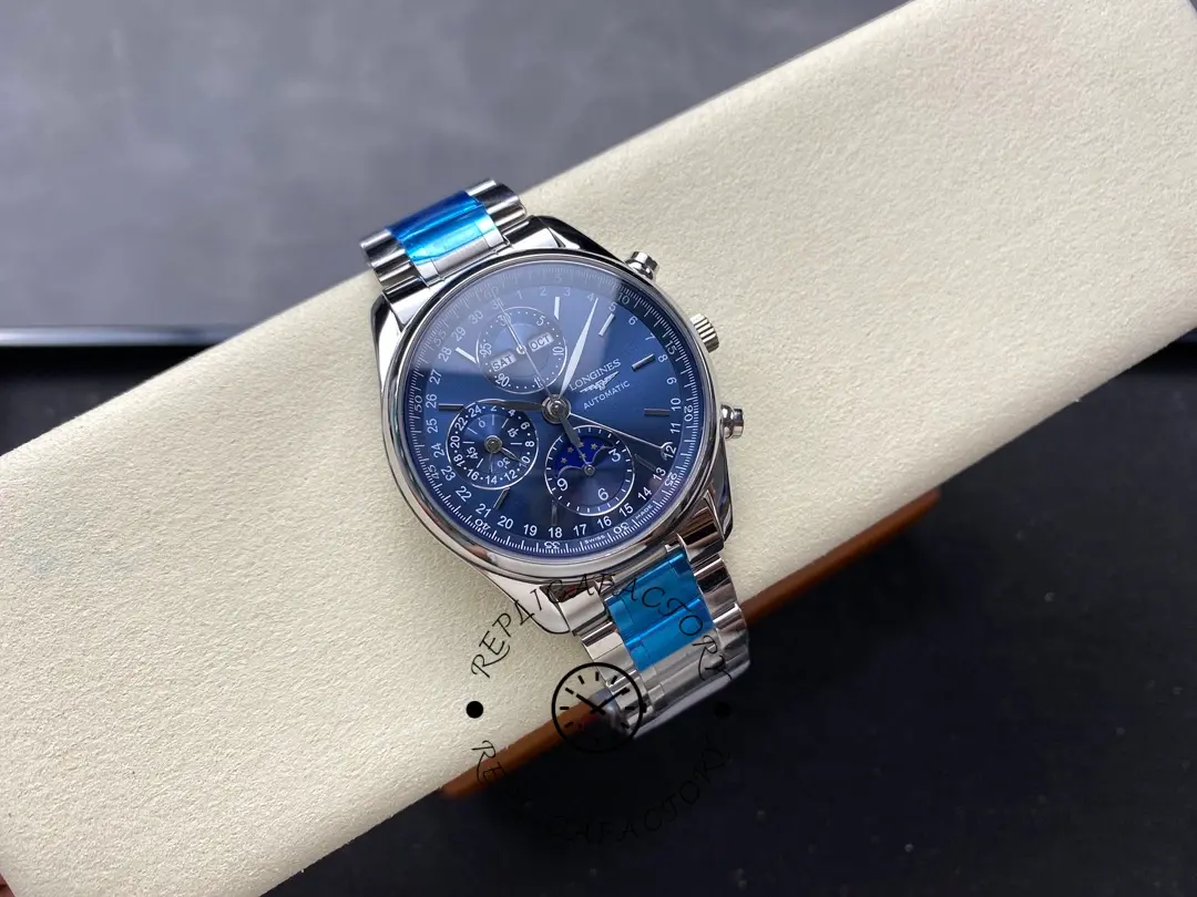 Angled full view of Longines L2.673.4.92.6, blue dial on stainless-steel bracelet.
