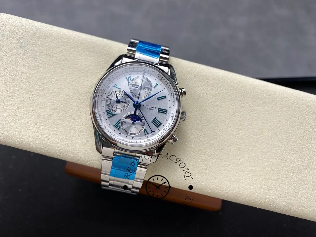 Full view of Longines L2.773.4.71.6 showing silver dial, blue hands, and stainless-steel bracelet.