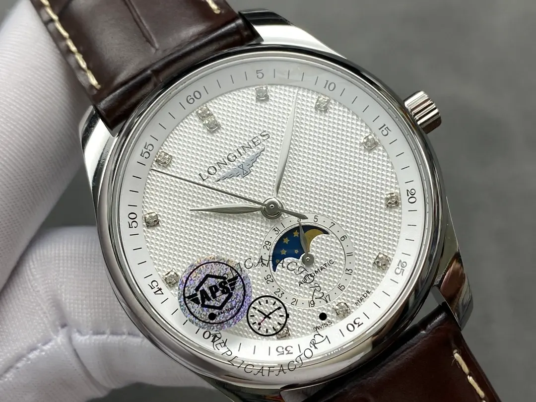 Angled view of Longines L2.909.4.77.3 silver dial and moonphase subdial.