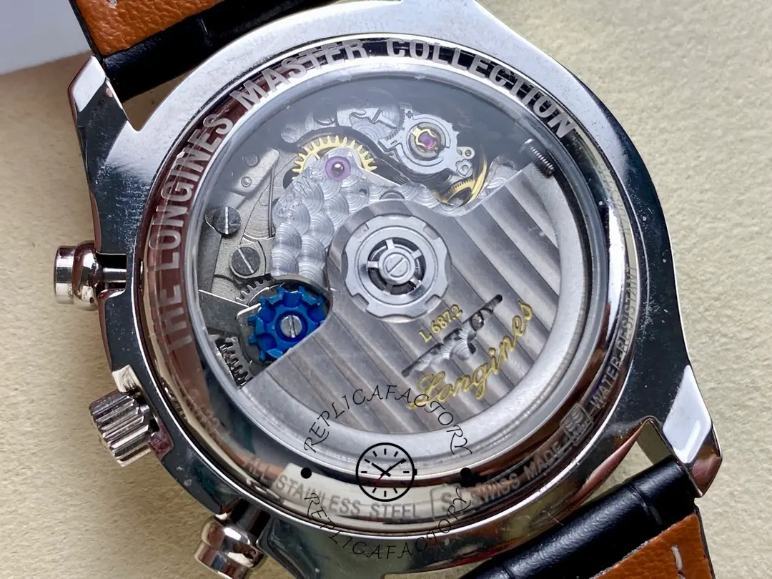 Exhibition caseback of Longines L2.673.4.78.3 showing the automatic movement through the sapphire back.