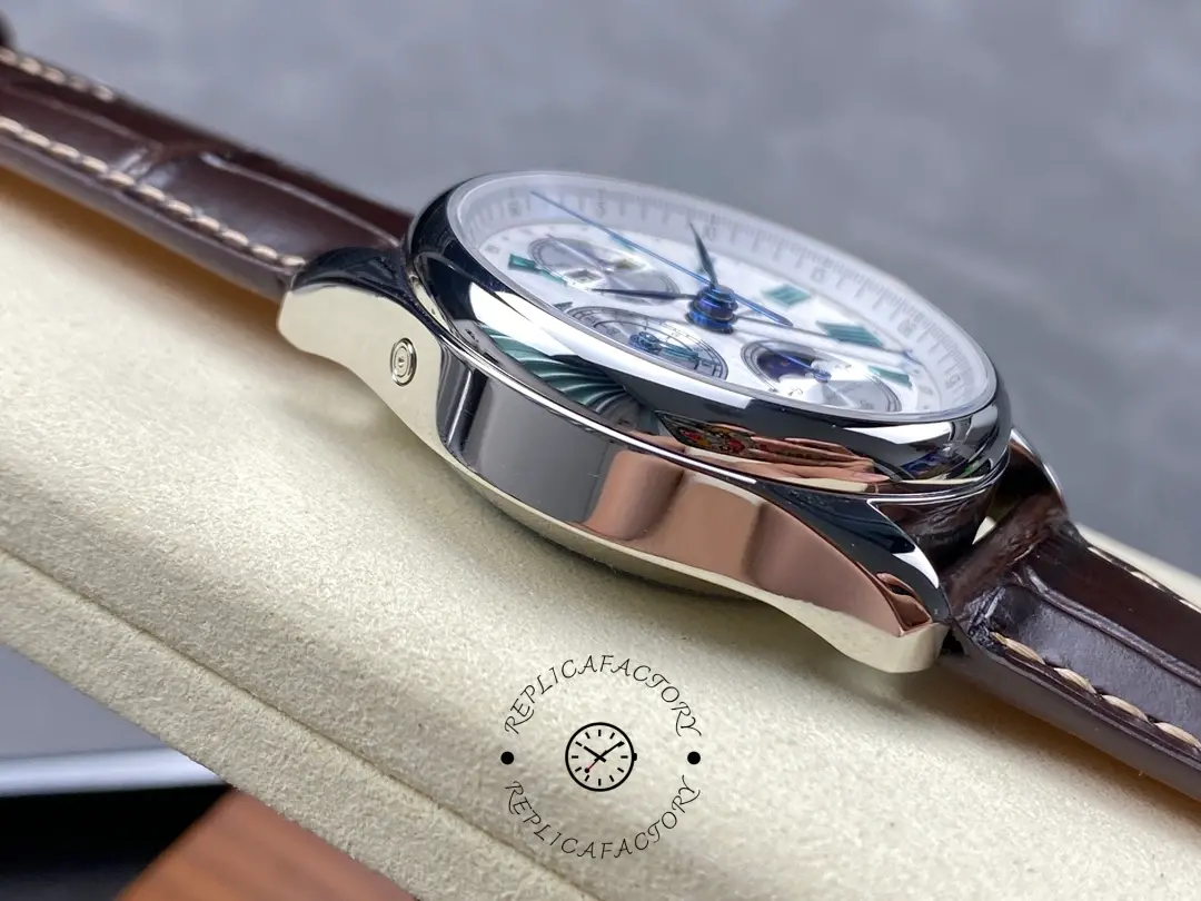 Longines L2.673.4.78.3 side profile showing polished case thickness and curved lugs on brown strap.