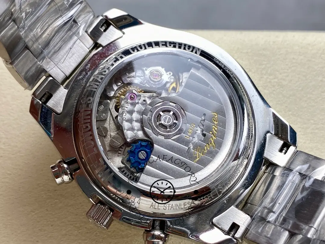 Caseback view of Longines Master Collection L2.673.4.78.6 showing the movement through display back.