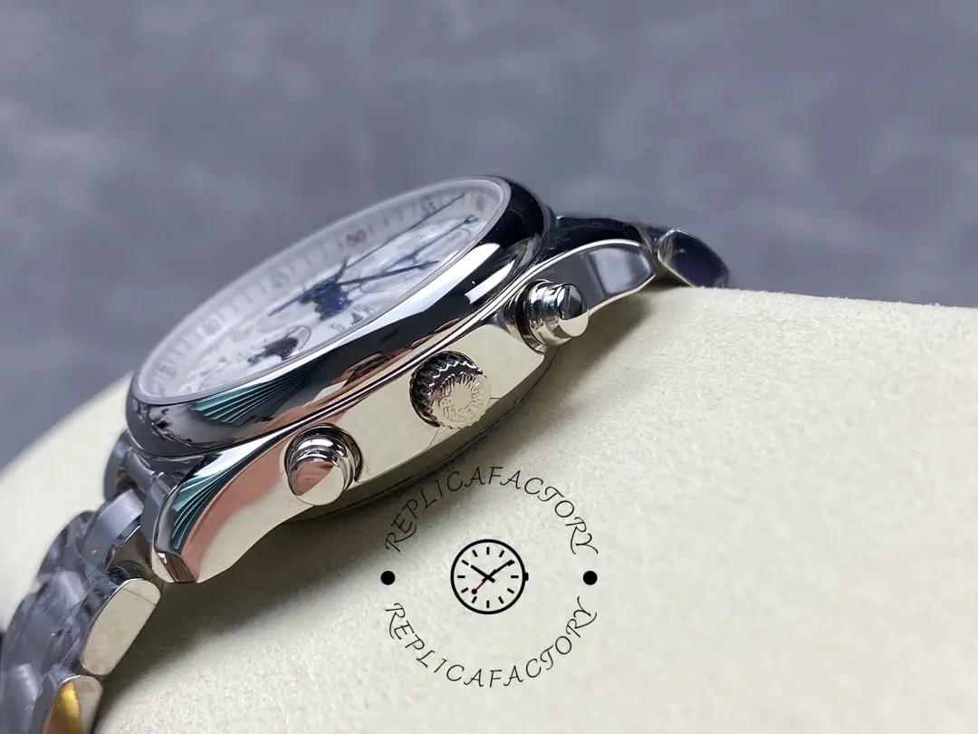 Side view of Longines Master Collection L2.673.4.78.6 showing crown and chronograph pushers.