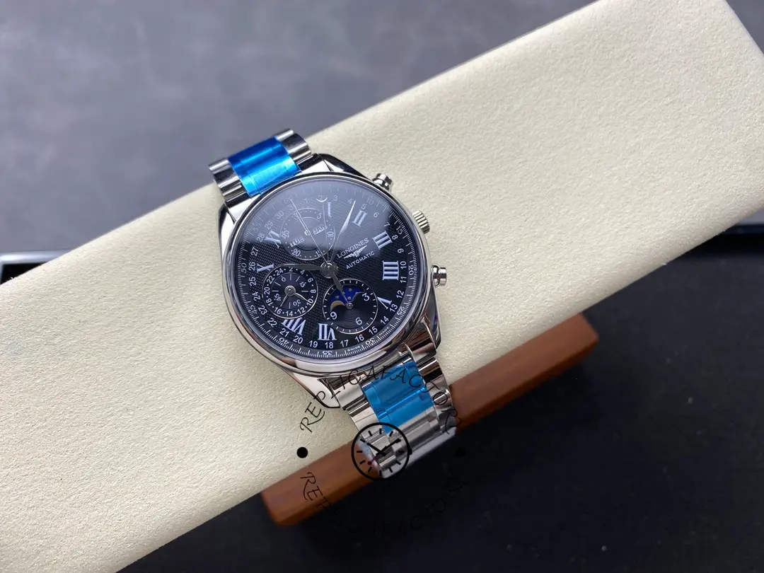 Front angled view of Longines Master Collection L2.673.4.51.6 showing the black dial and moonphase display.