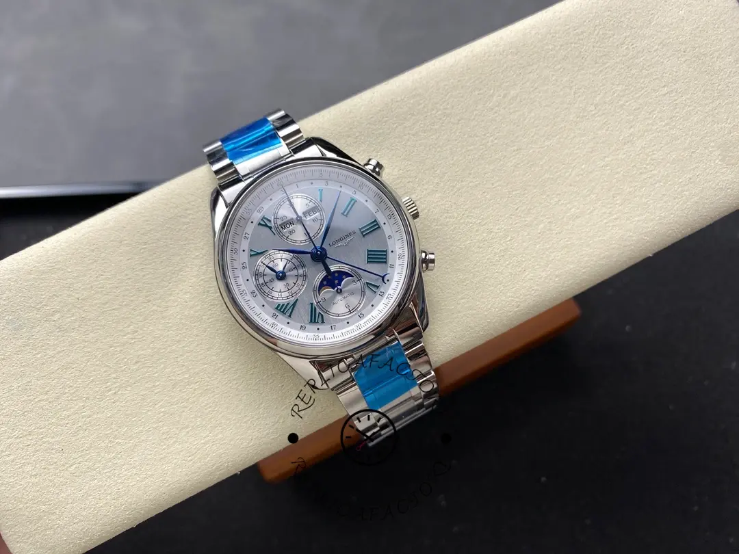 Full view of Longines L2.773.4.71.6 showing silver dial, blue hands and stainless-steel.