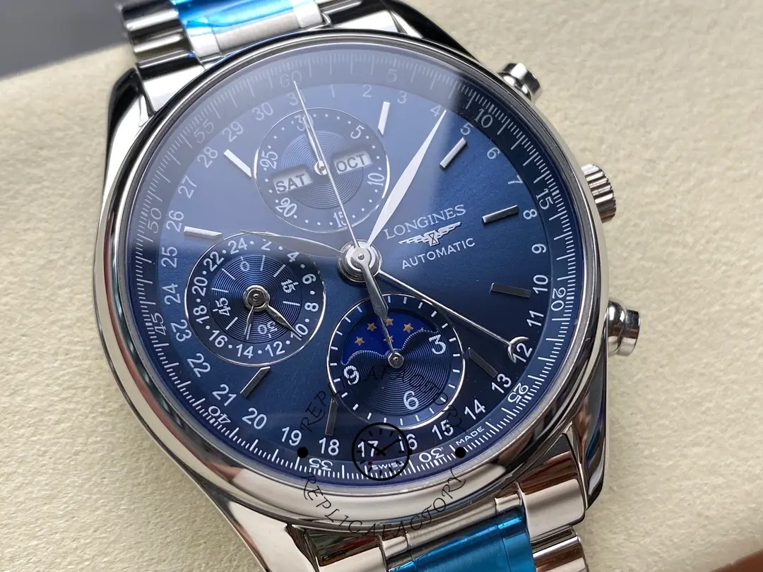 Dial close-up of Longines L2.673.4.92.6, blue dial with day/month and moonphase subdials.