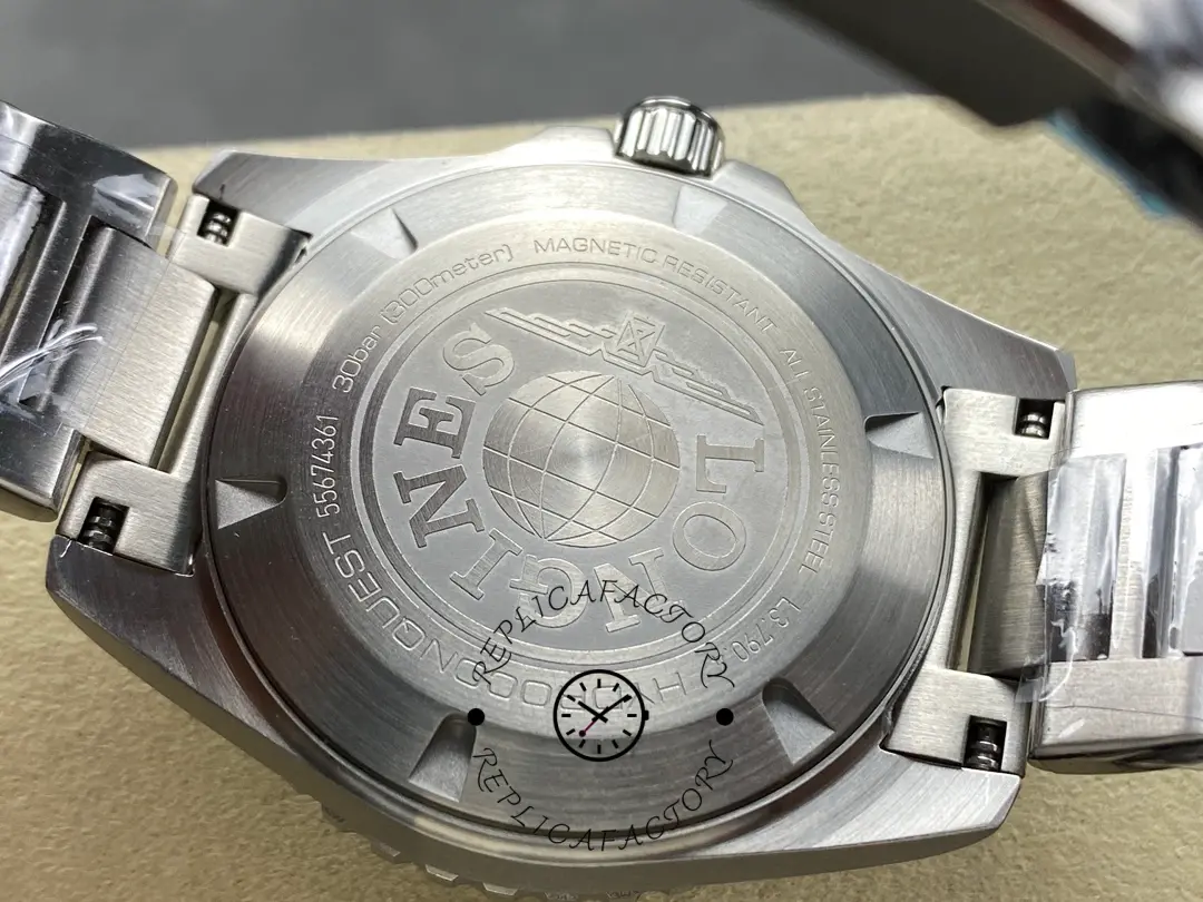 Caseback of Longines HydroConquest GMT L3.790.4.66.6, engraved globe and model markings.